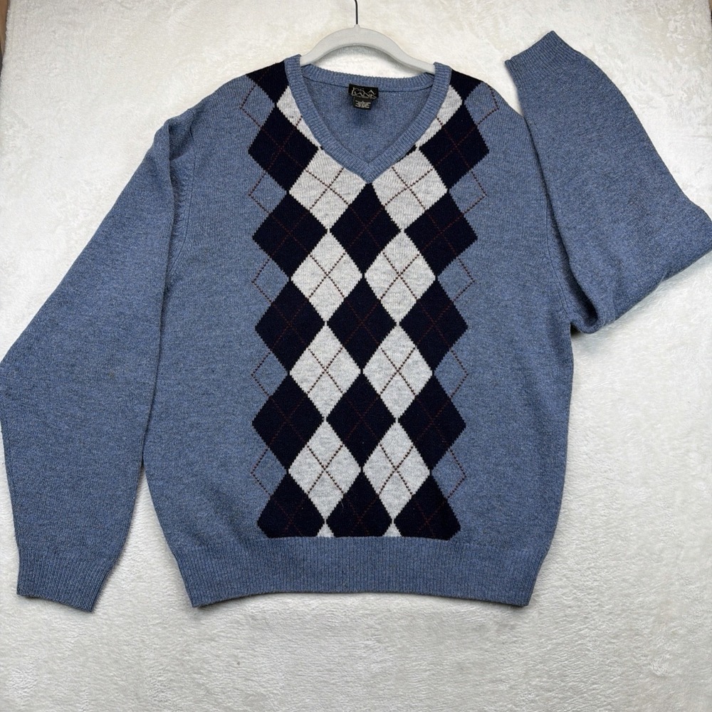 Jos A Bank Lambswool Sweater Men's L Blue Argyle V Neck Preppy Golf
